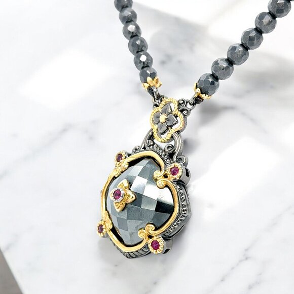 Michael Valitutti Hematite and Ruby Accent Necklace in 925 Sterling Silver - Picture 2 of 4